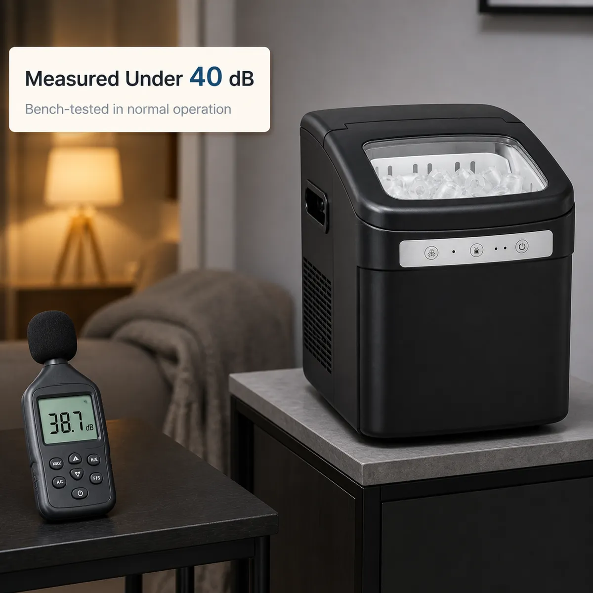 NEWBULIG 制冰机 — 副图 2 卧室场景实测 38.7 dB,标称 <40 dB